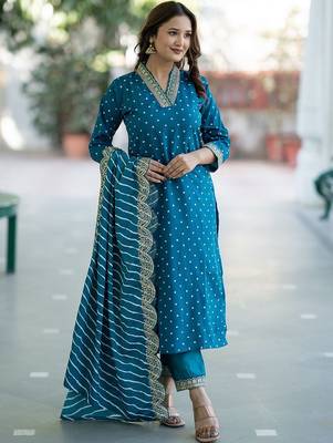 Women Bandhani Embroidered Empire Thread Work Kurta with Trousers & With Dupatta 6
