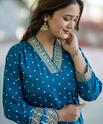 Women Bandhani Embroidered Empire Thread Work Kurta with Trousers & With Dupatta 7