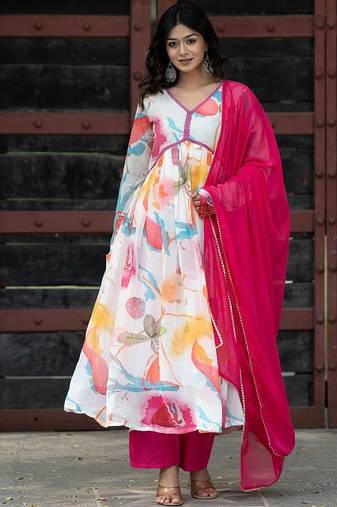 Alia Cut Floral Printed Empire Gotta Patti Kurta with Palazzos & Dupatta