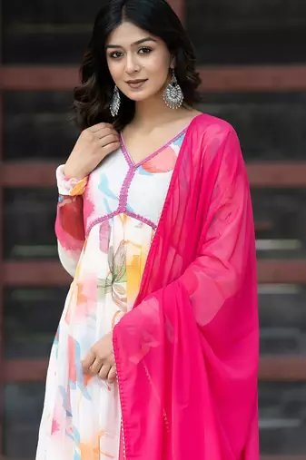 Alia Cut Floral Printed Empire Gotta Patti Kurta with Palazzos & Dupatta