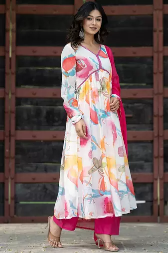 Alia Cut Floral Printed Empire Gotta Patti Kurta with Palazzos & Dupatta