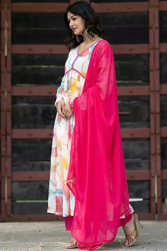 Alia Cut Floral Printed Empire Gotta Patti Kurta with Palazzos & Dupatta