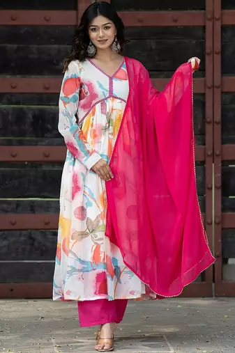 Alia Cut Floral Printed Empire Gotta Patti Kurta with Palazzos & Dupatta