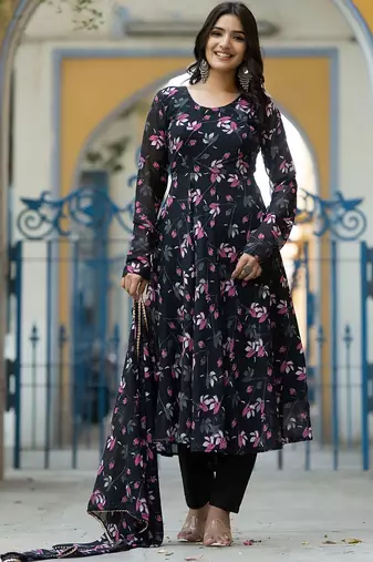 Floral Printed Gotta Patti Flared Anarkali Kurta With Trousers & Dupatta
