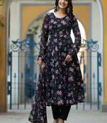 Floral Printed Gotta Patti Flared Anarkali Kurta With Trousers & Dupatta