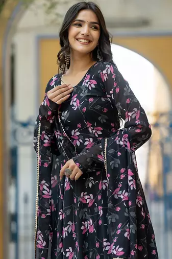Floral Printed Gotta Patti Flared Anarkali Kurta With Trousers & Dupatta