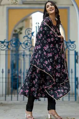 Floral Printed Gotta Patti Flared Anarkali Kurta With Trousers & Dupatta