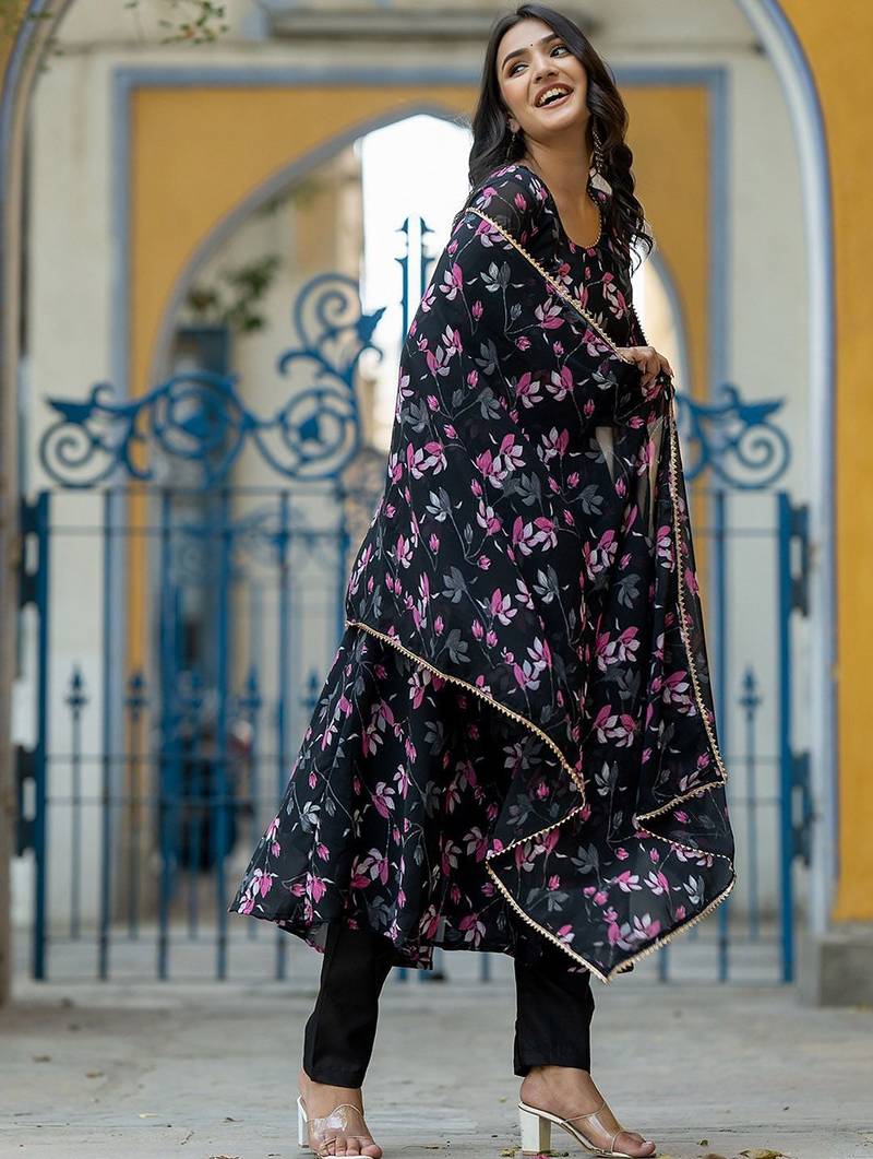 Floral Printed Gotta Patti Flared Anarkali Kurta With Trousers & Dupatta