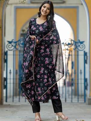 Floral Printed Gotta Patti Flared Anarkali Kurta With Trousers & Dupatta 4