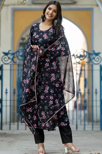 Floral Printed Gotta Patti Flared Anarkali Kurta With Trousers & Dupatta