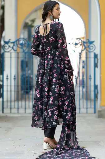 Floral Printed Gotta Patti Flared Anarkali Kurta With Trousers & Dupatta