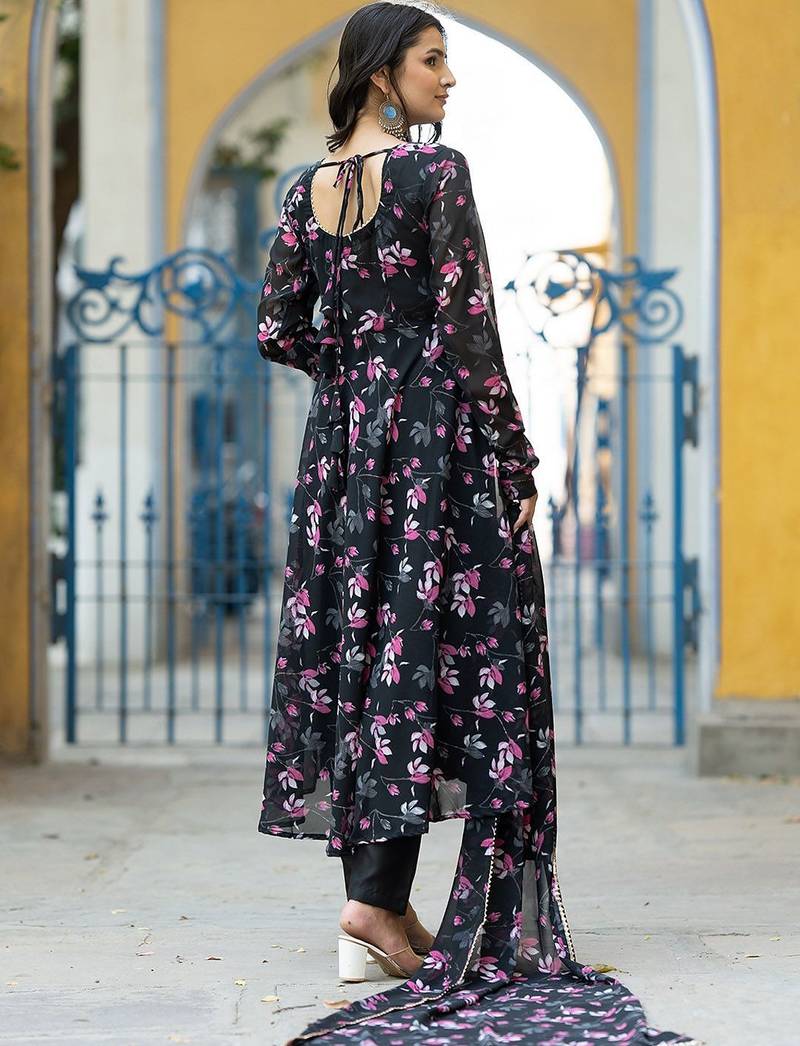 Floral Printed Gotta Patti Flared Anarkali Kurta With Trousers & Dupatta