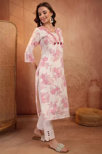 women floral printed thread work floral kurta
