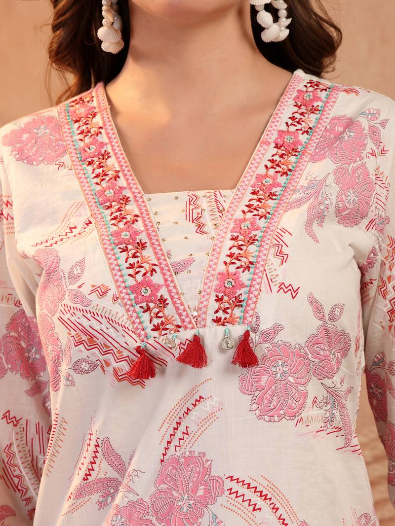 women floral printed thread work floral kurta
