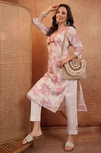 women floral printed thread work floral kurta