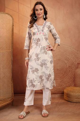 women floral printed thread work kurta
