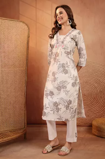 women floral printed thread work kurta