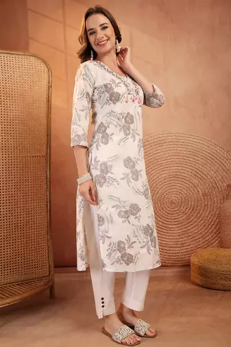 women floral printed thread work kurta