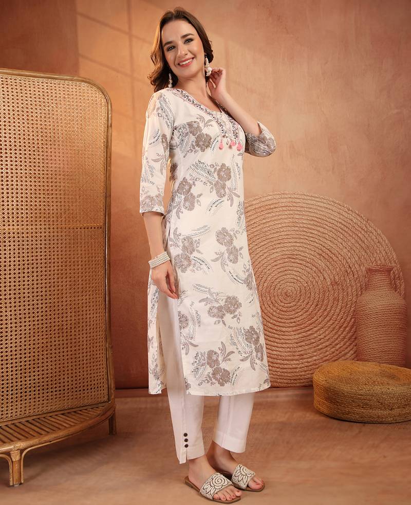 women floral printed thread work kurta