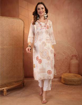 women ethnic motifs printed thread work indie prints kurta 1