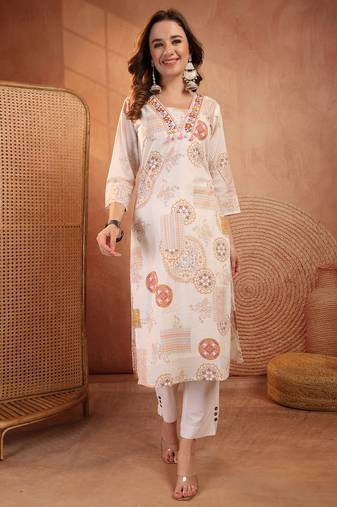 women ethnic motifs printed thread work indie prints kurta