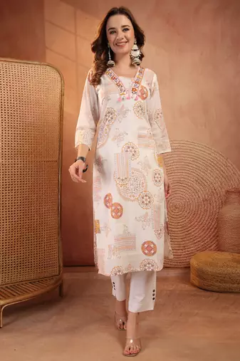 women ethnic motifs printed thread work indie prints kurta