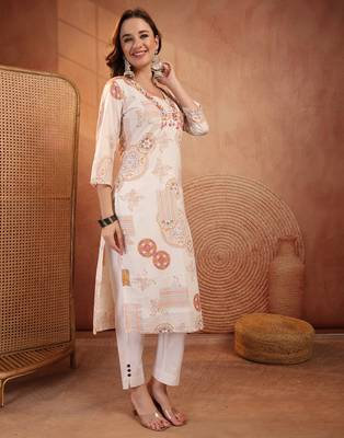 women ethnic motifs printed thread work indie prints kurta 2