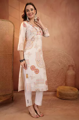 women ethnic motifs printed thread work indie prints kurta