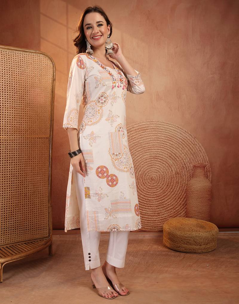 women ethnic motifs printed thread work indie prints kurta