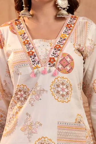 women ethnic motifs printed thread work indie prints kurta
