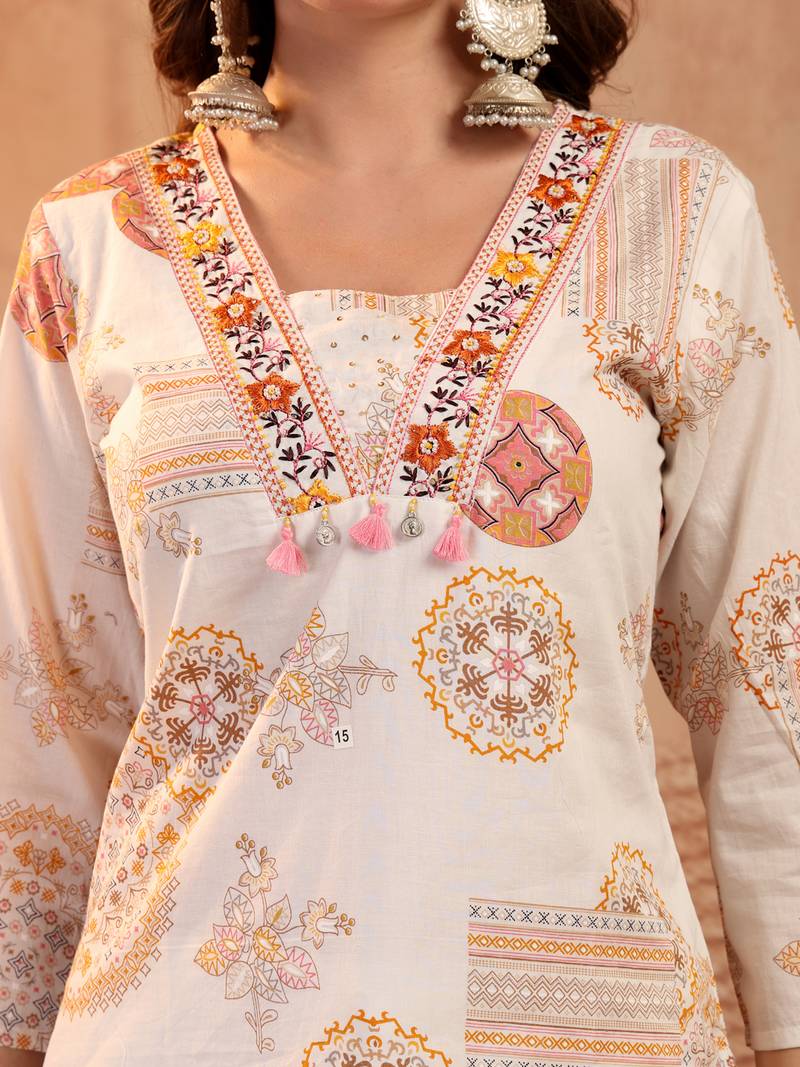women ethnic motifs printed thread work indie prints kurta