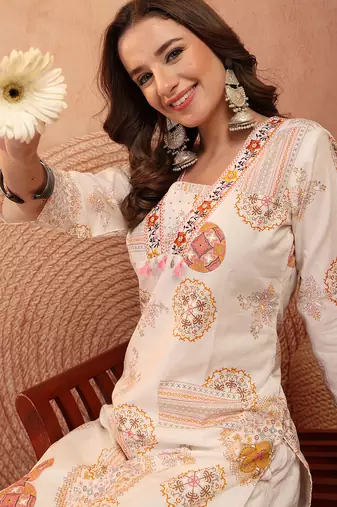 women ethnic motifs printed thread work indie prints kurta