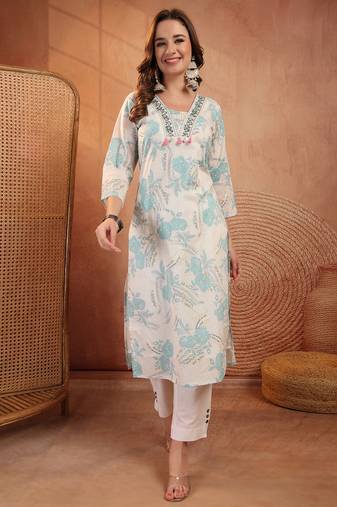 women floral printed thread work floral kurta