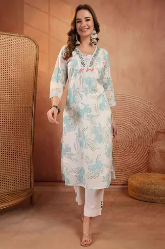 women floral printed thread work floral kurta