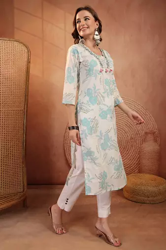 women floral printed thread work floral kurta