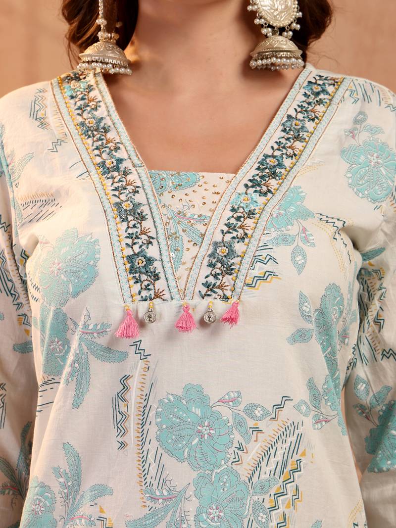 women floral printed thread work floral kurta