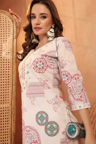 women ethnic motifs embroidered mirror work indie prints kurta