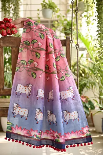 Cotton maslin picwai print stall dupatta wear on gown lehenga choli and dress