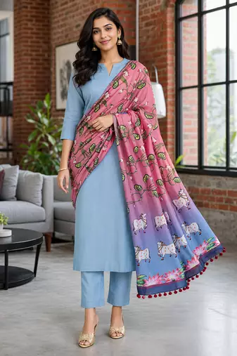 Cotton maslin picwai print stall dupatta wear on gown lehenga choli and dress