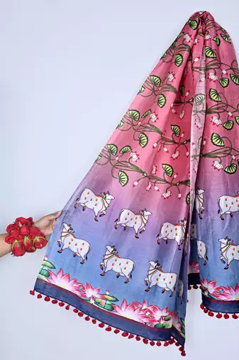 Cotton maslin picwai print stall dupatta wear on gown lehenga choli and dress