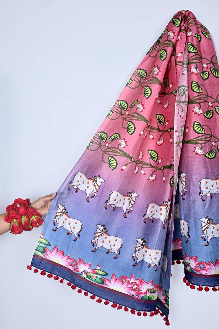 Cotton maslin picwai print stall dupatta wear on gown lehenga choli and dress
