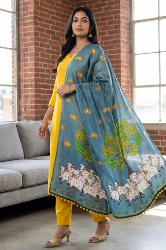 Cotton maslin picwai print stall dupatta wear on gown lehenga choli and dress