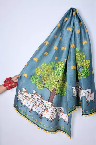 Cotton maslin picwai print stall dupatta wear on gown lehenga choli and dress