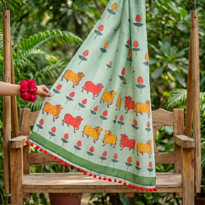 Cotton maslin picwai print stall dupatta wear on gown lehenga choli and dress