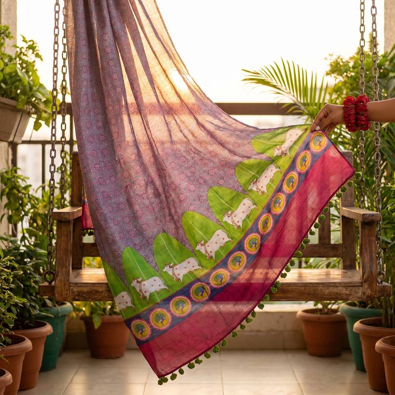 Cotton maslin picwai print stall dupatta wear on gown lehenga choli and dress