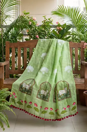 Cotton maslin picwai print stall dupatta wear on gown lehenga choli and dress