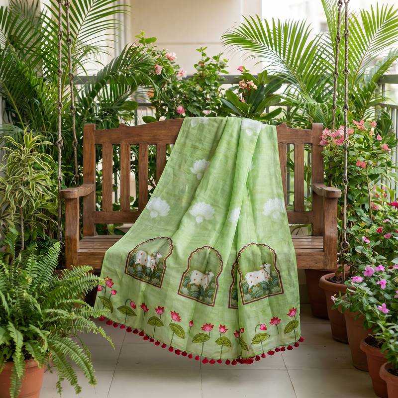 Cotton maslin picwai print stall dupatta wear on gown lehenga choli and dress
