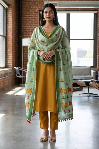 Cotton maslin picwai print stall dupatta wear on gown lehenga choli and dress