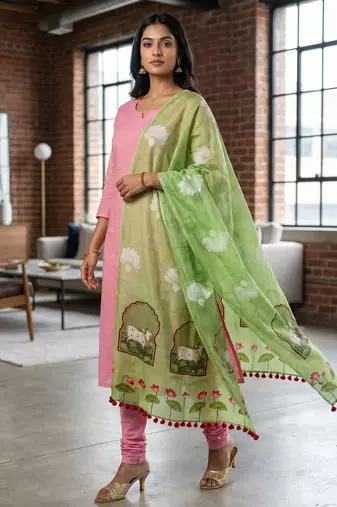 Cotton maslin picwai print stall dupatta wear on gown lehenga choli and dress