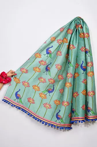 Cotton maslin picwai print stall dupatta wear on gown lehenga choli and dress